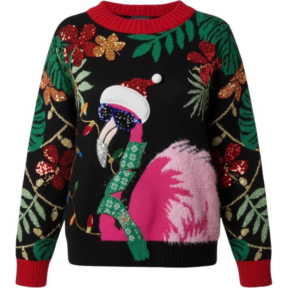 Celebrate Together Womens M Ugly Christmas Sweater Flamingo Tropical Sequin